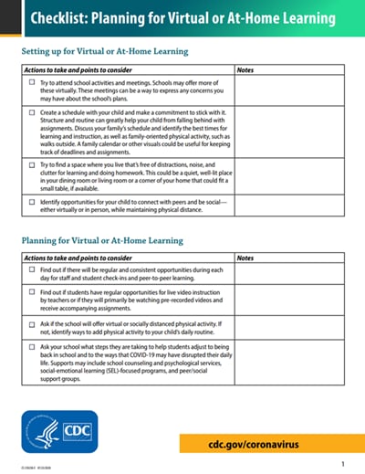screenshot of checklist for planning for virtual or at-home learning