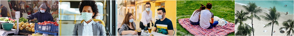 Banner image with people wearing masks in a store, at a restaurant, and outside.