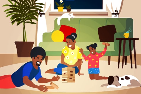 A family is shown playing a game in their home.