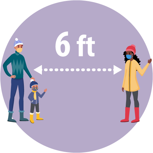 illustration of a person and child wearing masks standing six feet apart from a young woman wearing a mask