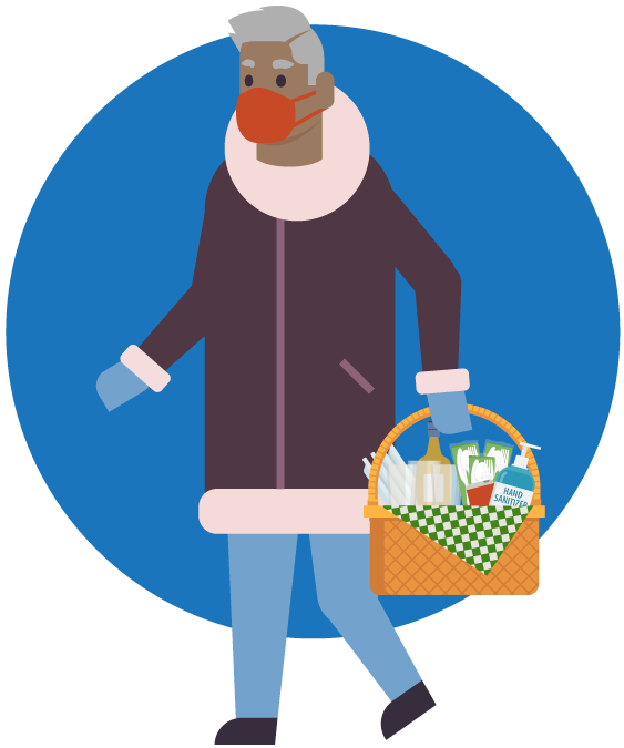 A person is shown wearing a mask and carrying a basket filled with food and a bottle of hand sanitizer.