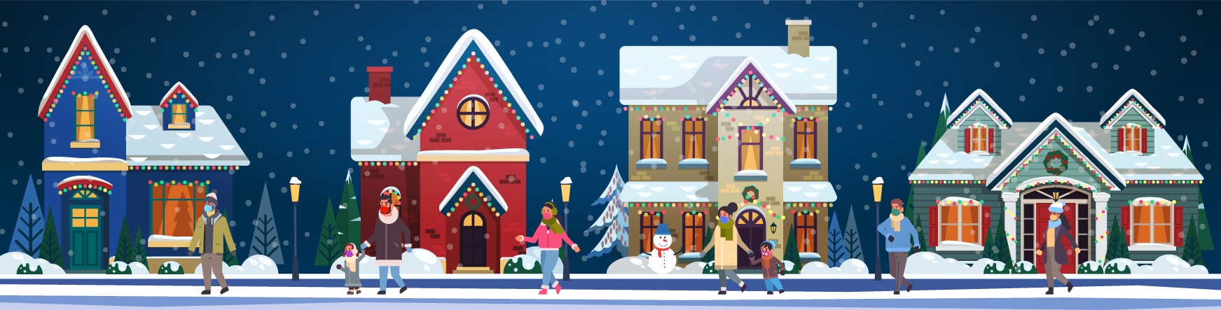 Several people are shown outdoors walking through a neighborhood where the houses are decorated. Each person/family is maintaining their distance from the other people/families.
