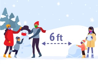 Two families are shown outdoors in the snow building snowmen. The families are 6 feet apart from each other while doing this activity.