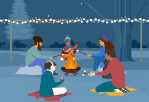 Five friends in a backyard roasting marshmallows in a firepit