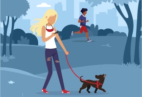Girl walking her dog in a park. Boy running in the park. 
