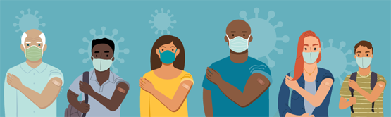 Illustration of masked people showing bandaged arm where they were vaccinated.