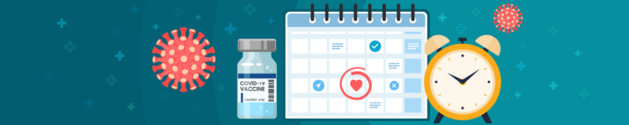 Imagery of a vaccine vial, a calendar, and an alarm clock.