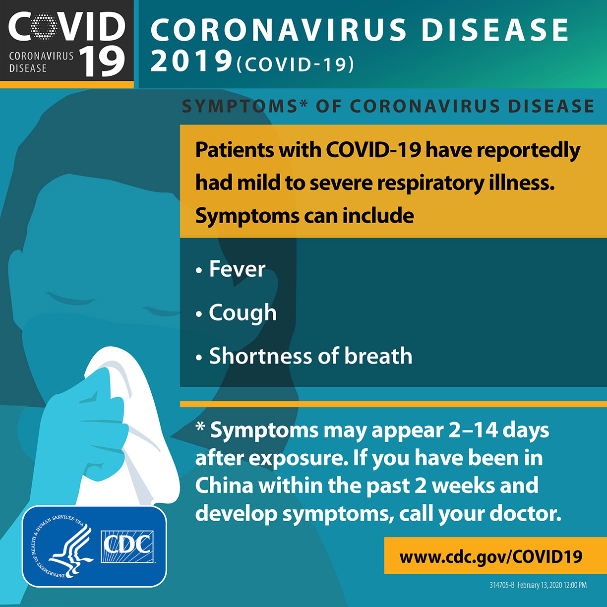 Novel Coronavirus Outbreak (2019-nCoV). Symptoms* of Novel Coronavirus. Patients with 2019-nCoV have reportedly had mild to severe respiratory illness with symptoms of: Fever, Cough, Shortness of breath. *Symptoms may appear 2-14 days after exposure. If you have been in China within the past 2 weeks and develop symptoms, call your doctor. CDC logo. www.cdc.gov/nCoV