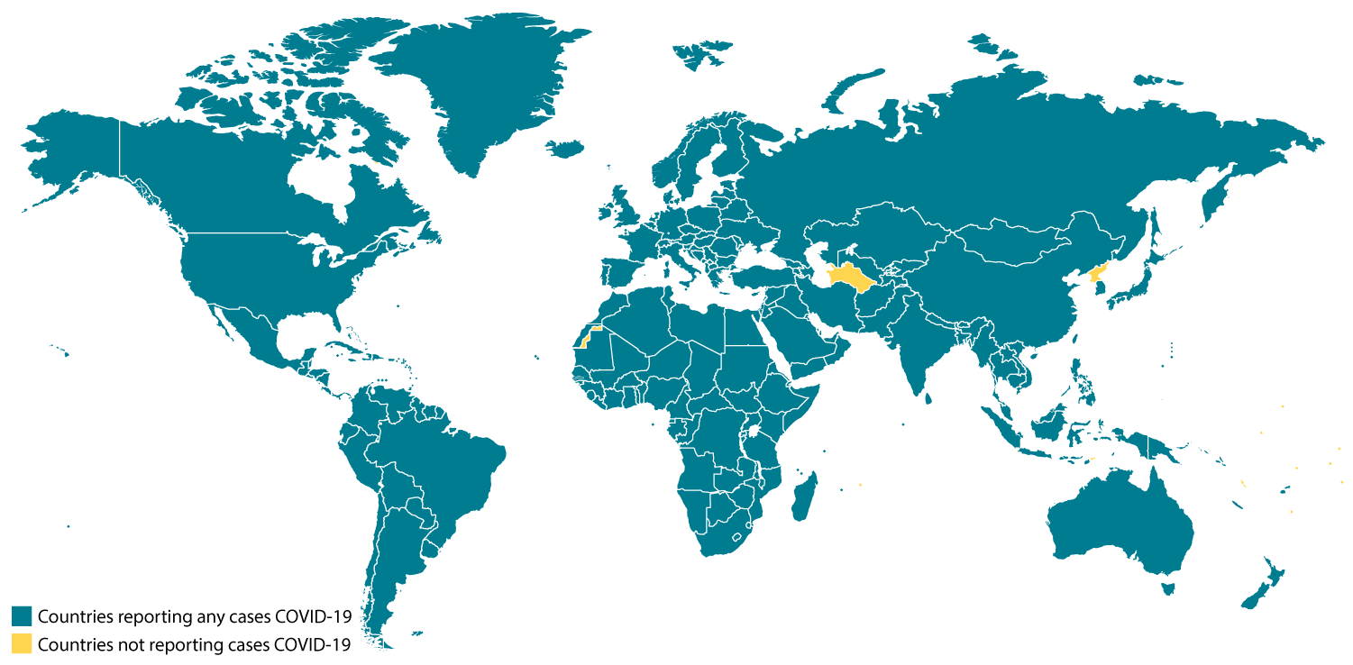 Mapa mundial que muestra países con casos de COVID-19