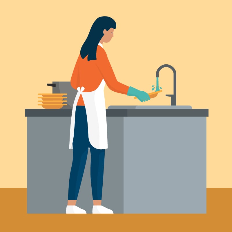 Ilustración de una mujer lavando la vajilla