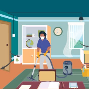 Illustration of a person vacuuming while wearing a mask