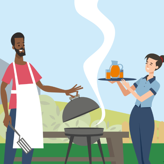 A man and woman are a barbeque outdoors.