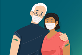 An older man has his arm around a woman. They are both wearing masks and have both been vaccinated. 