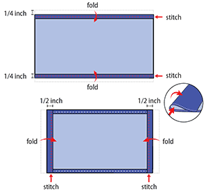 The top diagram shows the two rectangle cloth pieces stacked on top of each other, aligning on all sides. The rectangle, lying flat, is positioned so that the two ten inch sides are the top and the bottom of the rectangle, while the two six inch sides are the left and right side of the rectangle. The top diagram shows the two long edges of the cloth rectangle are folded over and stitched into place to create a one-fourth inch hem along the entire width of the top and bottom of the rectangle. The bottom diagram shows the two short edges of the cloth rectangle are folded over and stitched into place to create a one-half inch hem along the entire length of the right and left sides of the face covering.