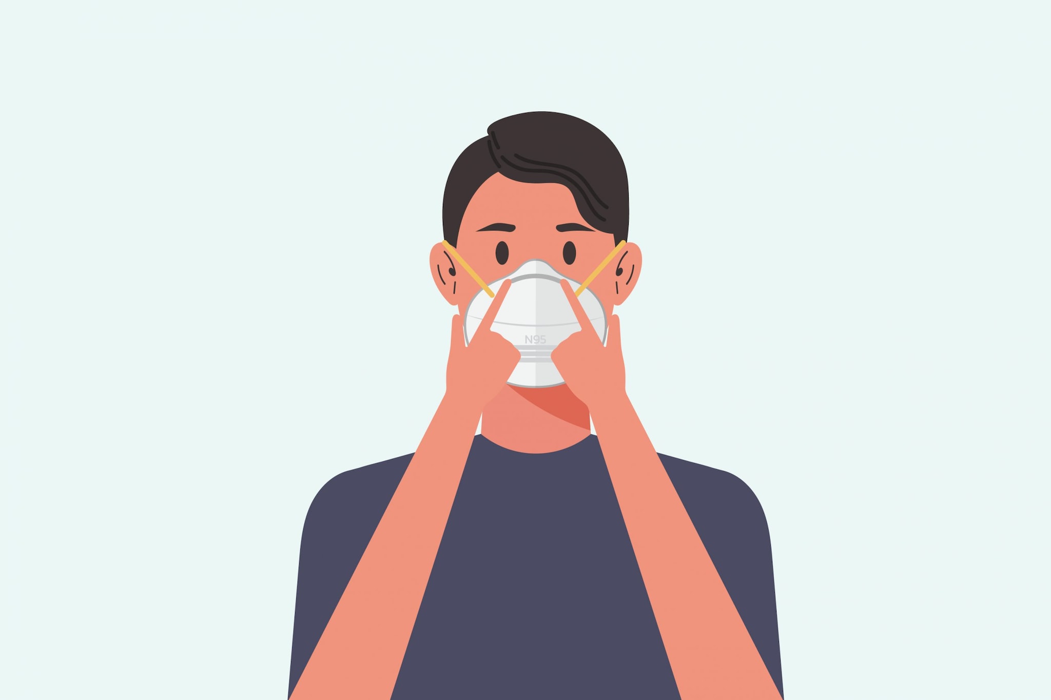 Ilustración de un hombre mostrando cómo moldear la varilla nasal de un respirador N95 a su nariz.