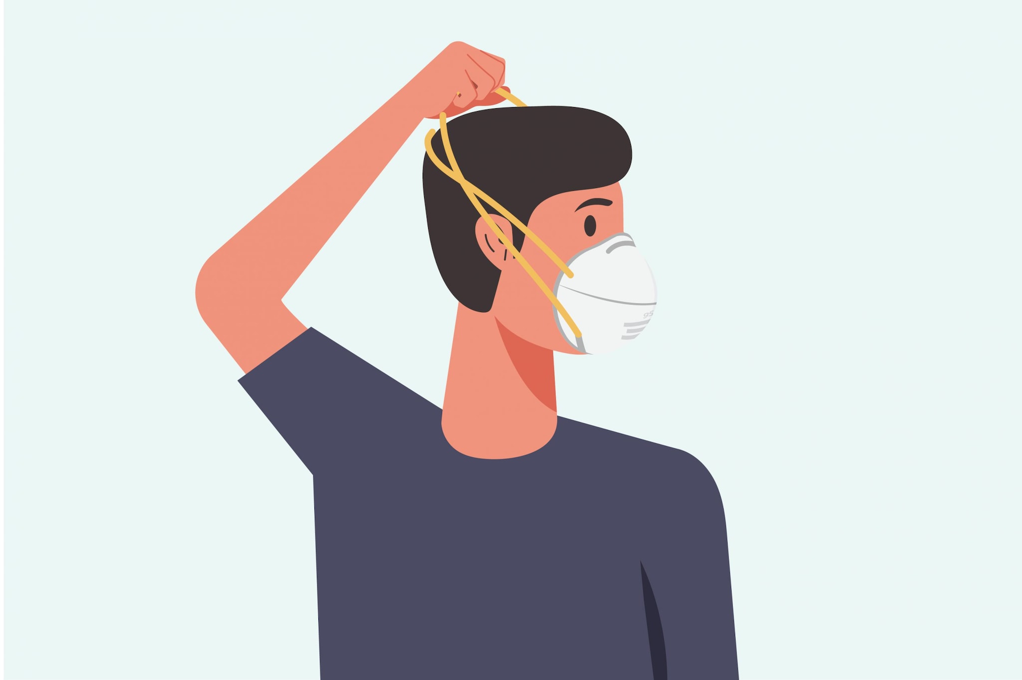 An illustration of a man removing his N95 by first pulling the bottom strap over his head.