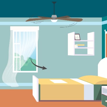 Illustration of a ceiling fan spinning in a bedroom