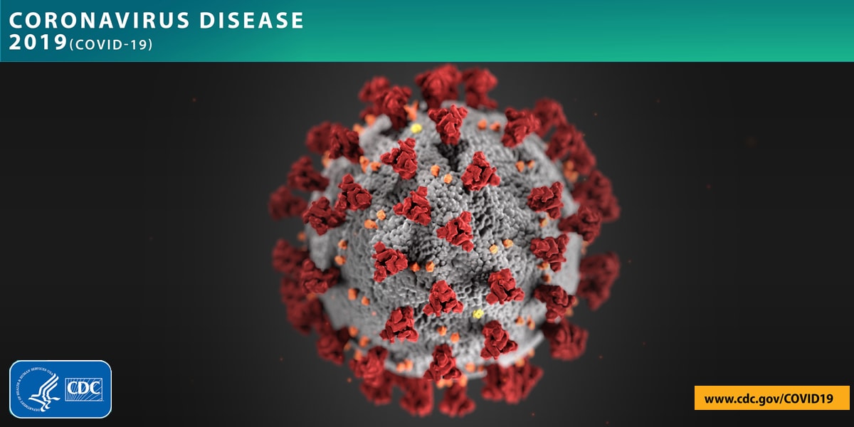 Picture of virus with text "Coronavirus Disease 2019 (COVID-19)"
