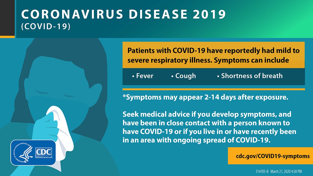 Infographic: Patients with COVID-19 have reportedly had mild to severe respiratory illness. Symptoms include: fever, cough, and shortness of breath.
