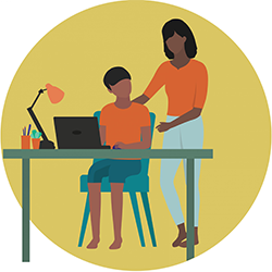 Imagen ilustrada de un niño sentado en un escritorio con una computadora portátil y con su madre cerca.