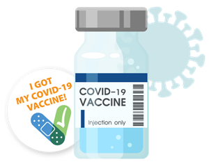picture of stylized vial with a coronavirus in the background. A sticker left of the vial that says "I got my vaccine!"