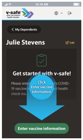 'Julie Stevens Click Enter vaccine information' 텍스트가 있는 v-safe 앱 이미지