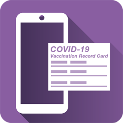 hình minh họa điện thoại di động và thẻ ghi tiêm chủng COVID-19