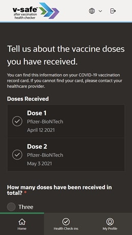 image of v-safe app with text We are going to record the following dose for Julie: Confirm and click Submit