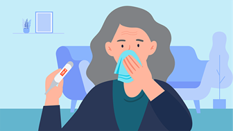 Una mujer se cubre la nariz con un pañuelo desechable y se toma la temperatura con un termómetro.