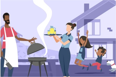 An illustration of two adults and two kids at a cookout