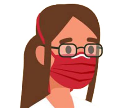 Graphic of a woman with black framed glasses and red mask