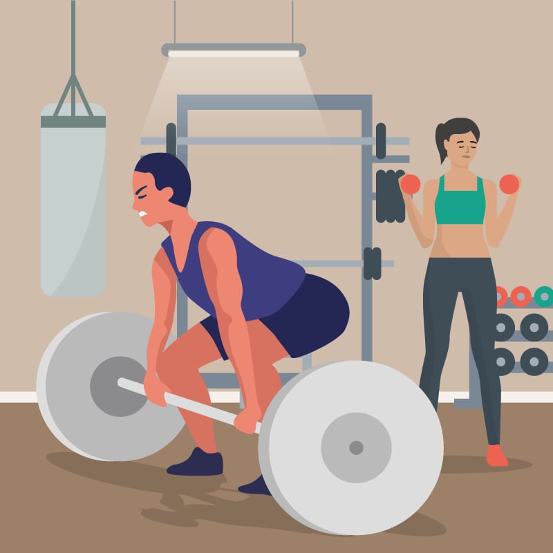 ilustración de dos personas levantando pesas en un gimnasio