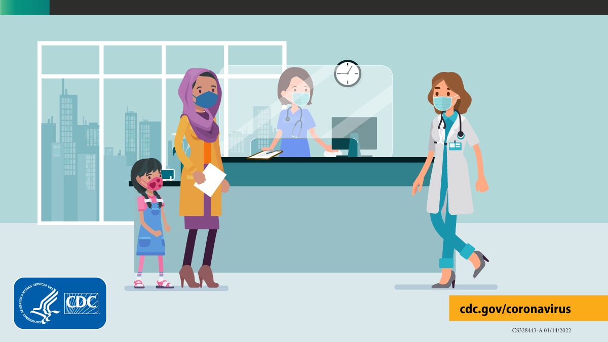 An illustration of a mother and child at a healthcare provider's office, and everyone is wearing a mask.