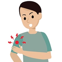 Imagen ilustrada de un niño con dolor en el brazo en un centro de vacunación.