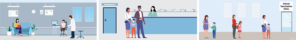 tres ilustraciones de padres y tutores llevando a sus hijos a vacunarse contra el COVID-19
