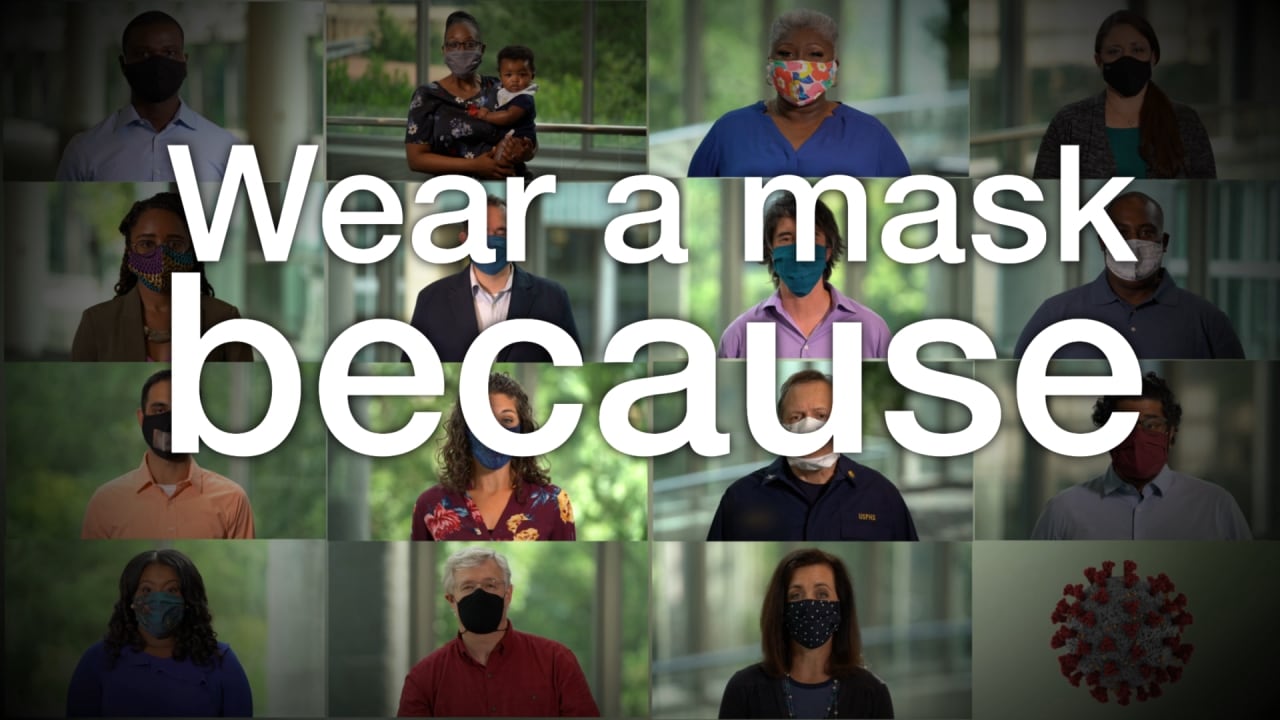 Picture tiles of people wearing a masks, with text: wear a mask because
