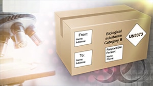 Image of a microscope and a box marked as containing a biological substance.