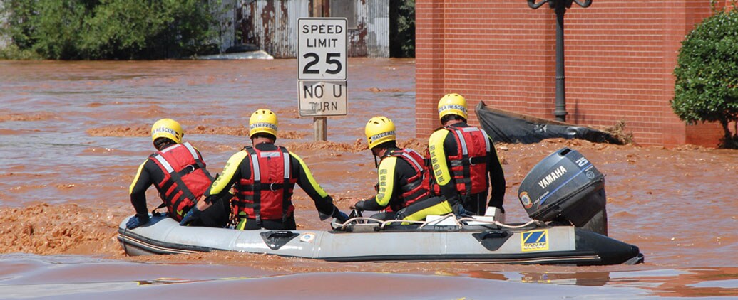 Rescue boat in flood