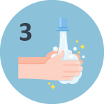 Circular image with the number 3 and someone washing their hands.