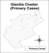 A map shows the geographic location of primary cases.