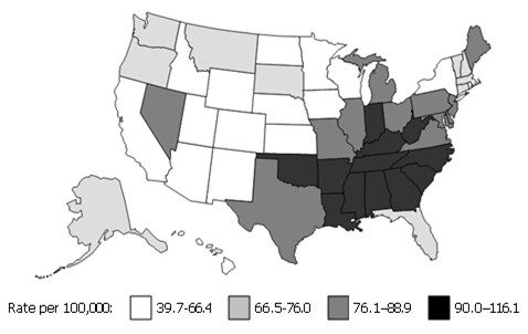 Shaded map of the U.S. Southeast states have higher cancer rates than midwestern states.