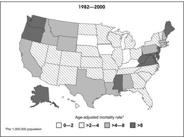 Map of the U.S. Shading of states indicates different mortality rates.