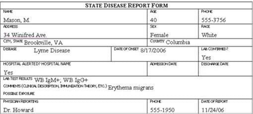 Disease report form for M Mason.