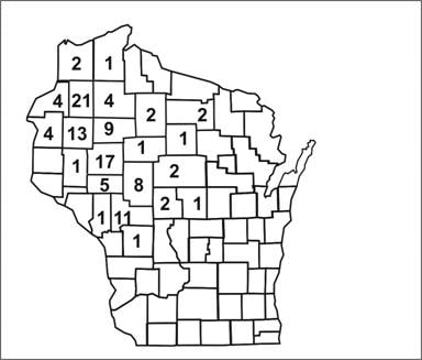 Map of Wisconsin counties. Numbers indicate cases within each county.