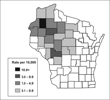 Map of Wisconsin counties. Shading indicates the number of cases within each county.