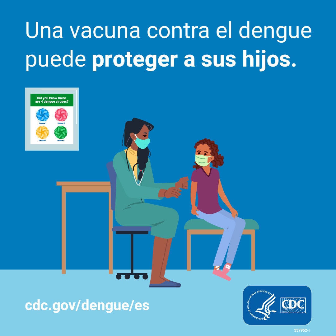 Una proveedora de salud le pone una curita en el brazo de una niña, con texto en la imagen “Una vacuna contra el dengue puede proteger a sus hijos”