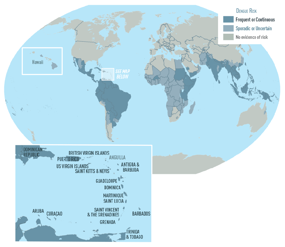 Map of countries where dengue has been reported. See tables below.