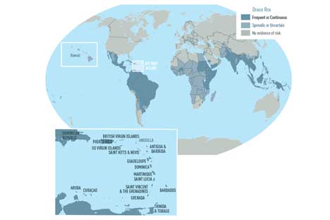 Map of countries where dengue has been reported