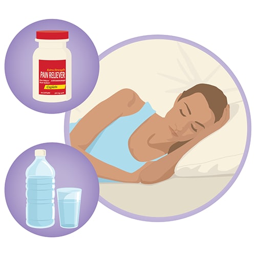 A woman sick in bed, a bottle of pain relievers, a bottle and drinking glass with water in them 