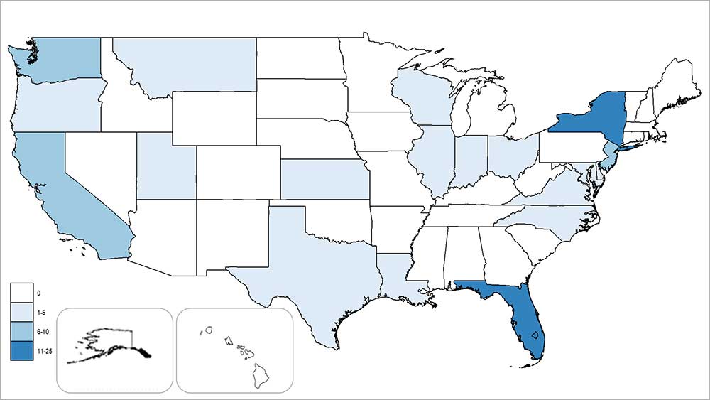 Map of the United States showing Laboratory-positive travel-associated and locally-acquired dengue cases. See table below.